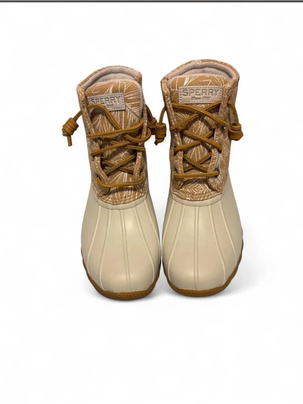 Sperry Tan and Cream Patterned Duck Boots